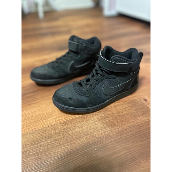 (2.5Y) Nike Court Borough Mid Casual Sneakers Triple Black Hightop Shoes - Picture 5 of 8